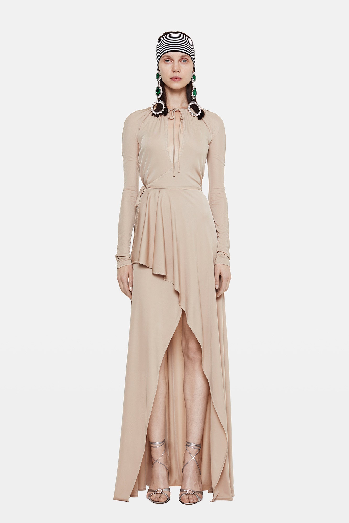 beige silk long-sleeve asymmetric dress