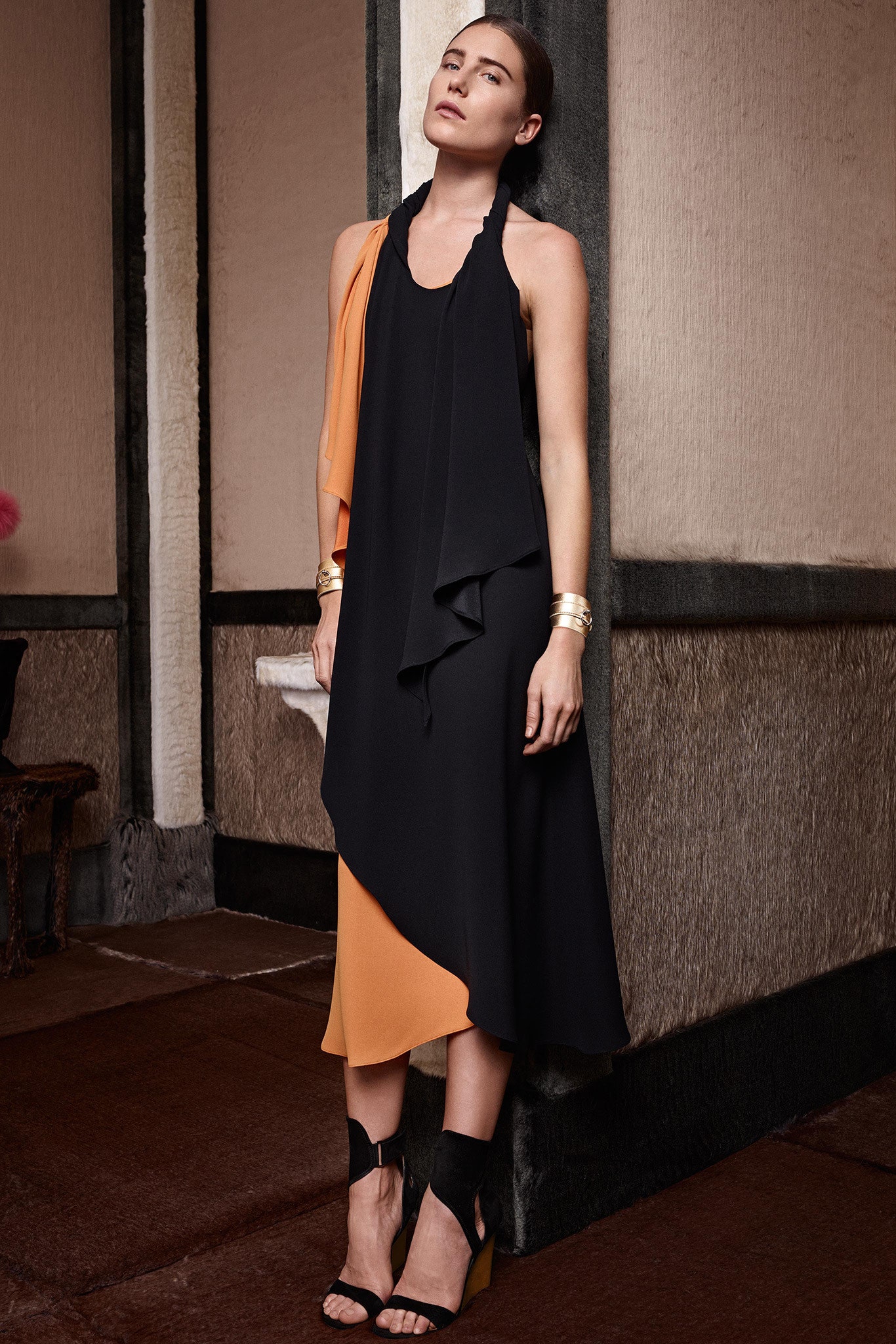black and orange asymmetric dress