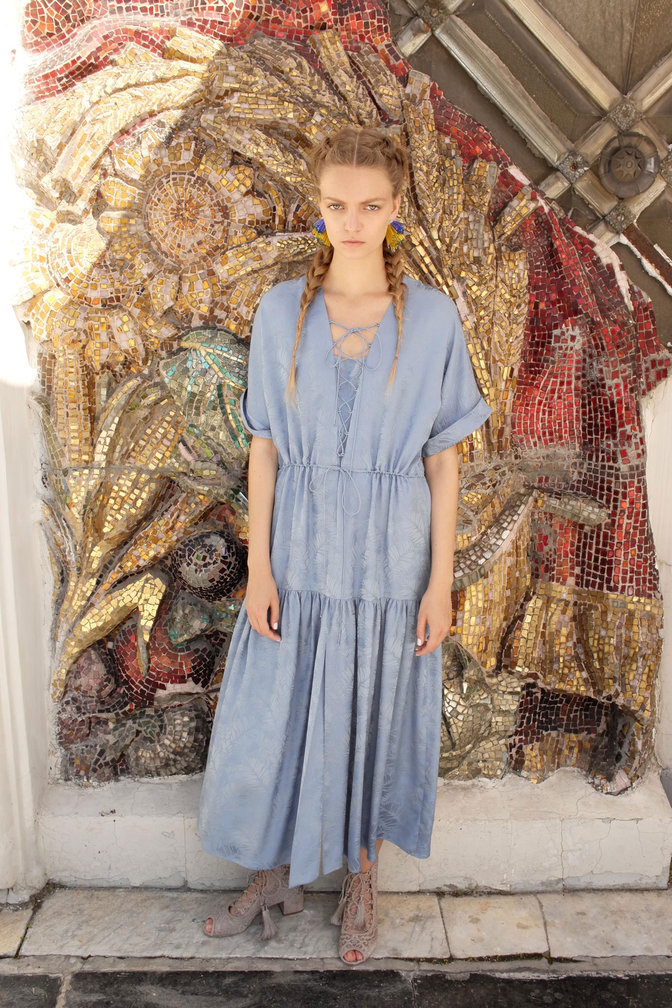 blue silk short-sleeve v-neck relaxed tiered flowing dress