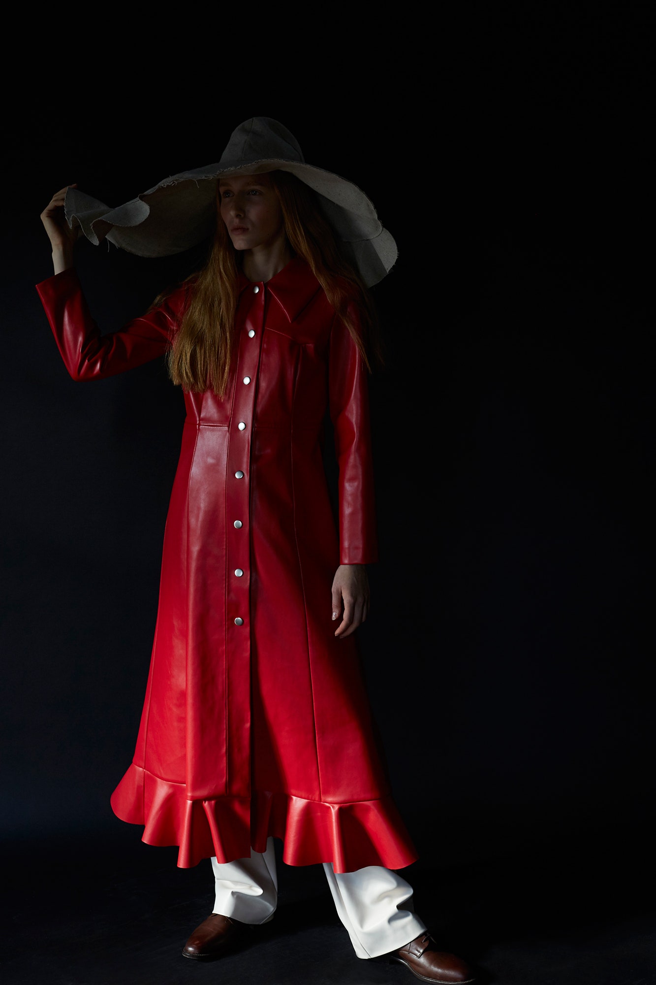 red leather long-sleeve collared fitted buttoned flared dress