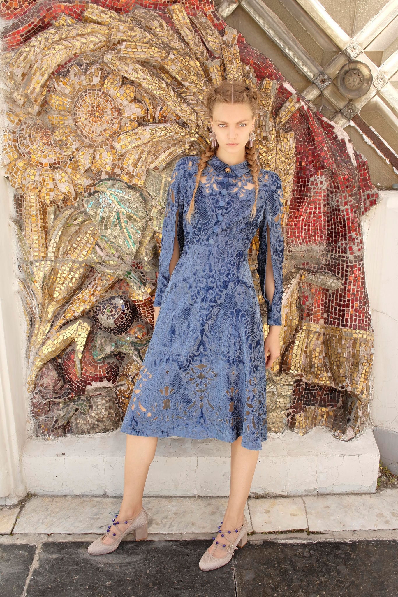 blue lace fitted midi dress