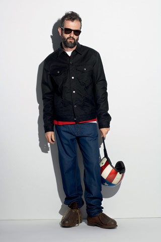 black denim jacket with red t-shirt