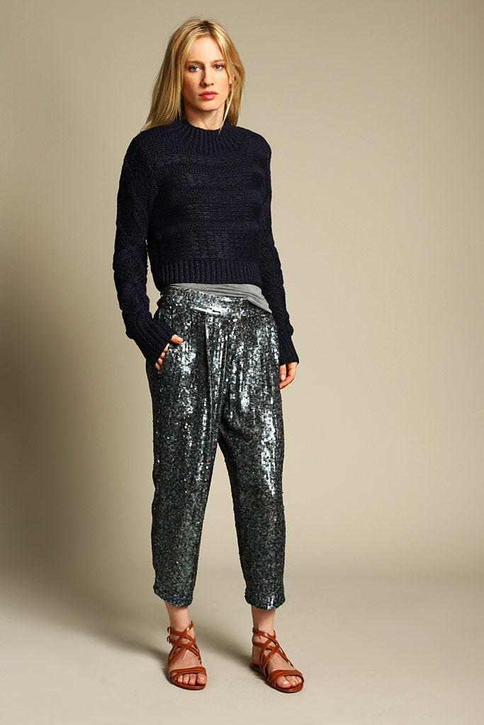 navy cropped sweater with sequined pants