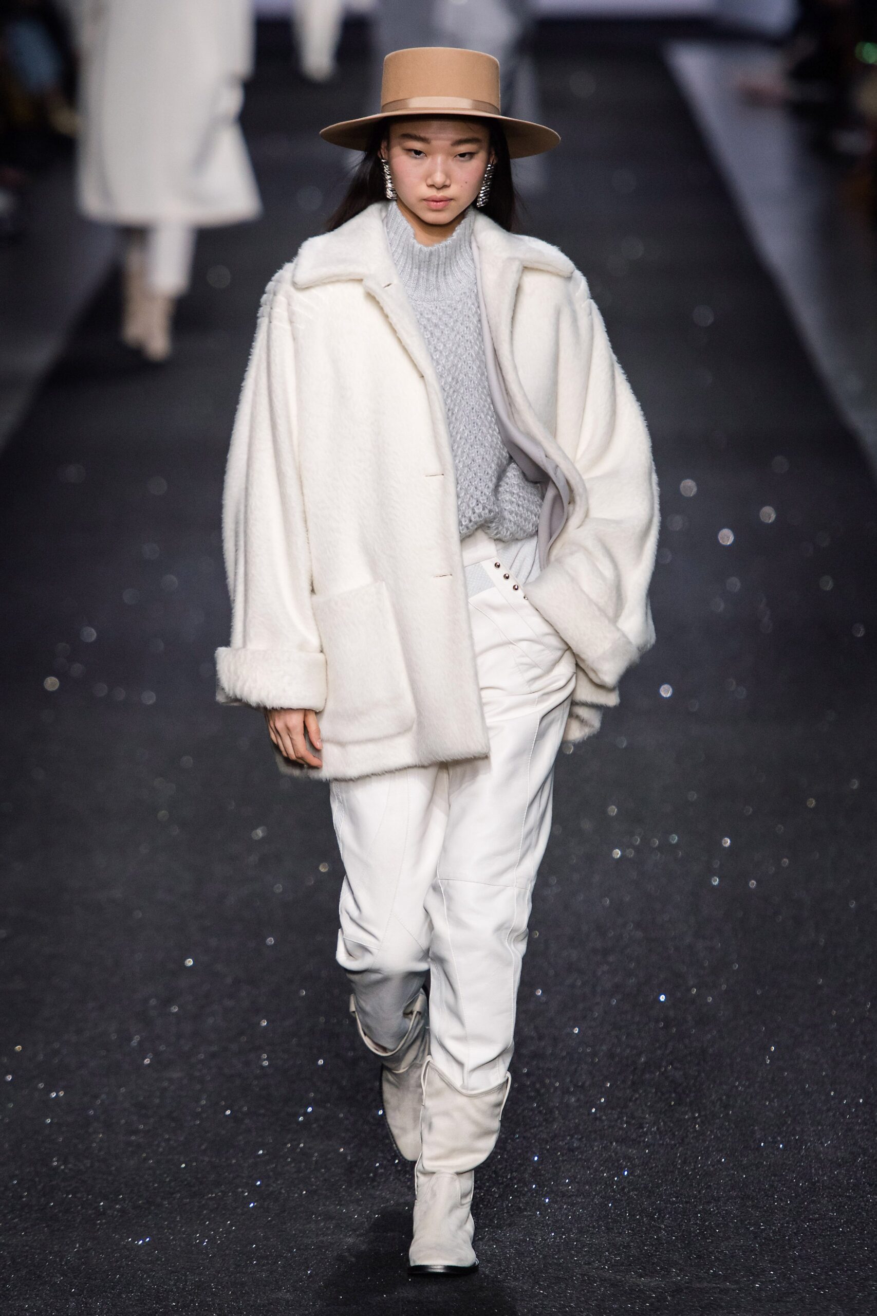 white wool coat with gray sweater