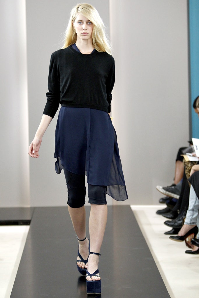black top with blue asymmetric skirt