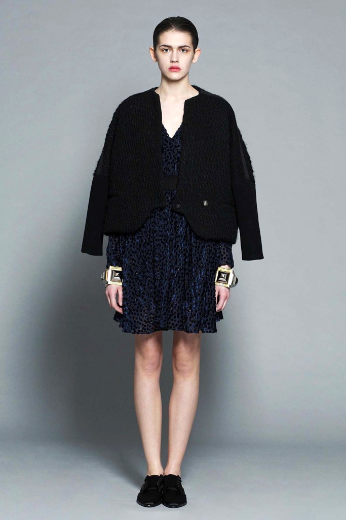 blue silk mini dress with black jacket