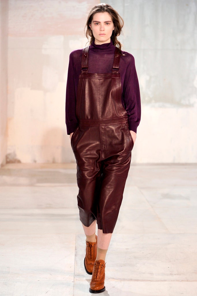 maroon leather overalls with purple top