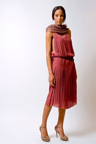 pink pleated midi dress with scarf