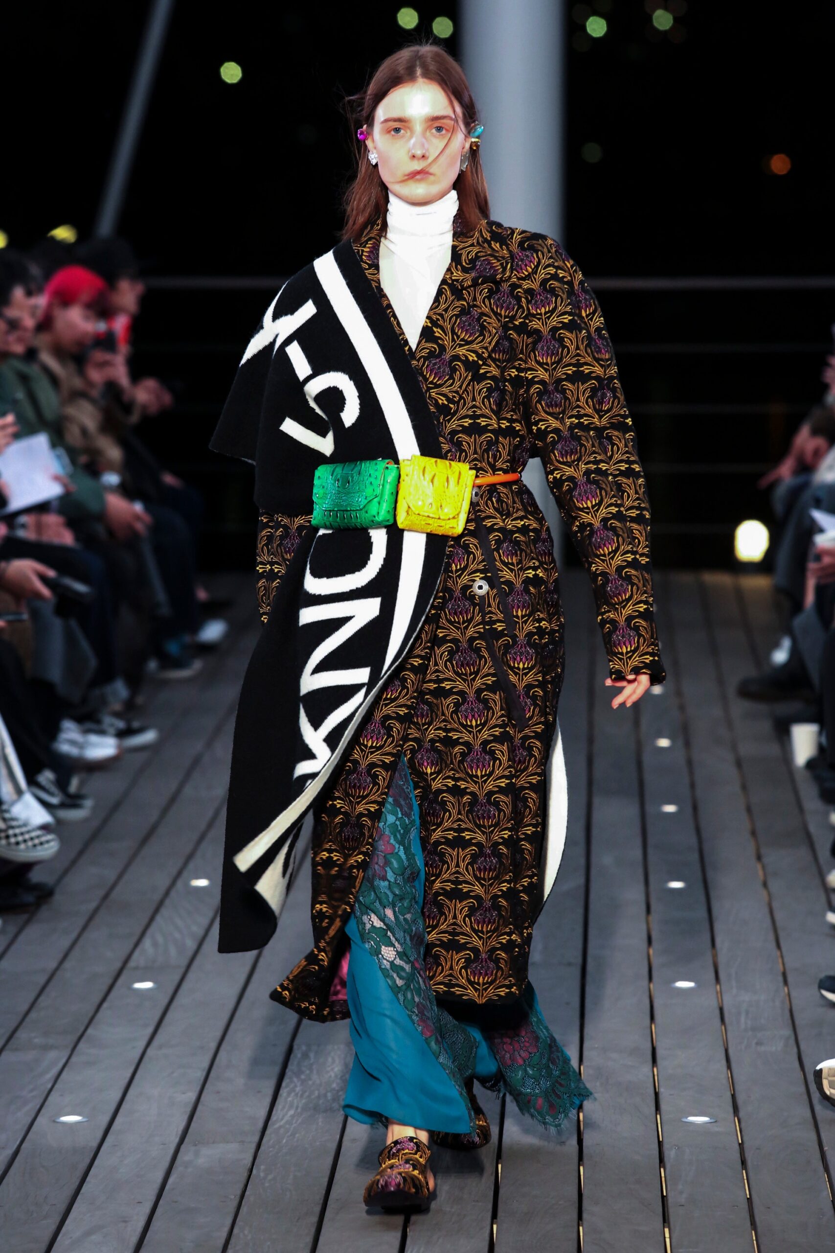 oversized embroidered coat with blue pants