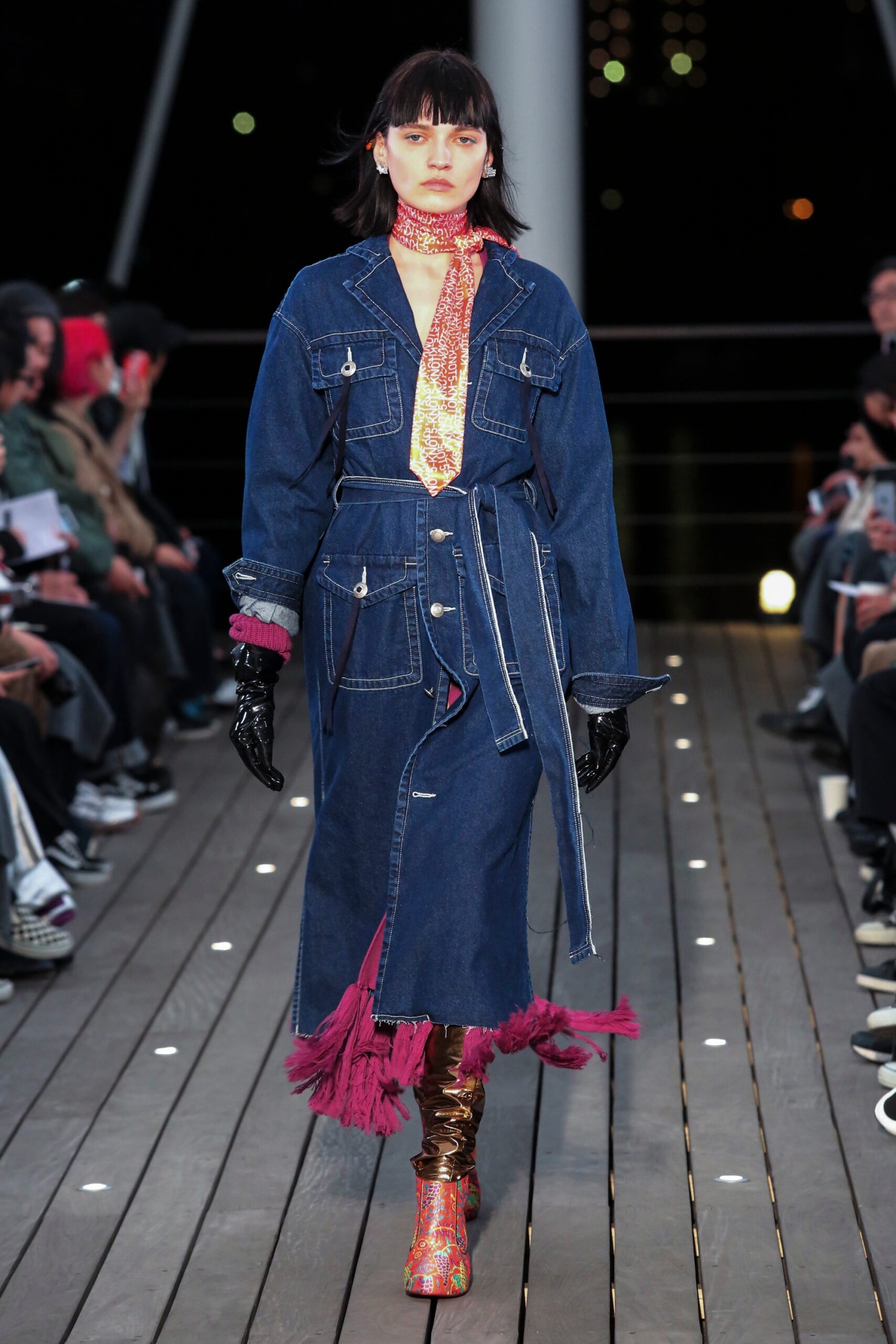 blue denim belted midi dress