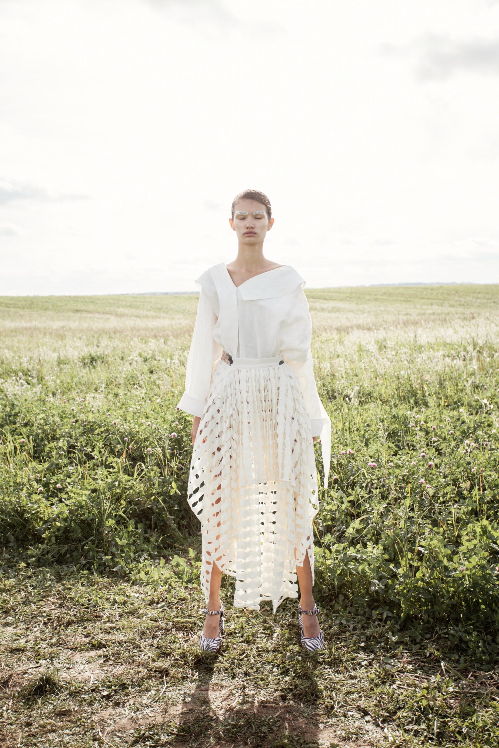 white cotton blouse and midi skirt