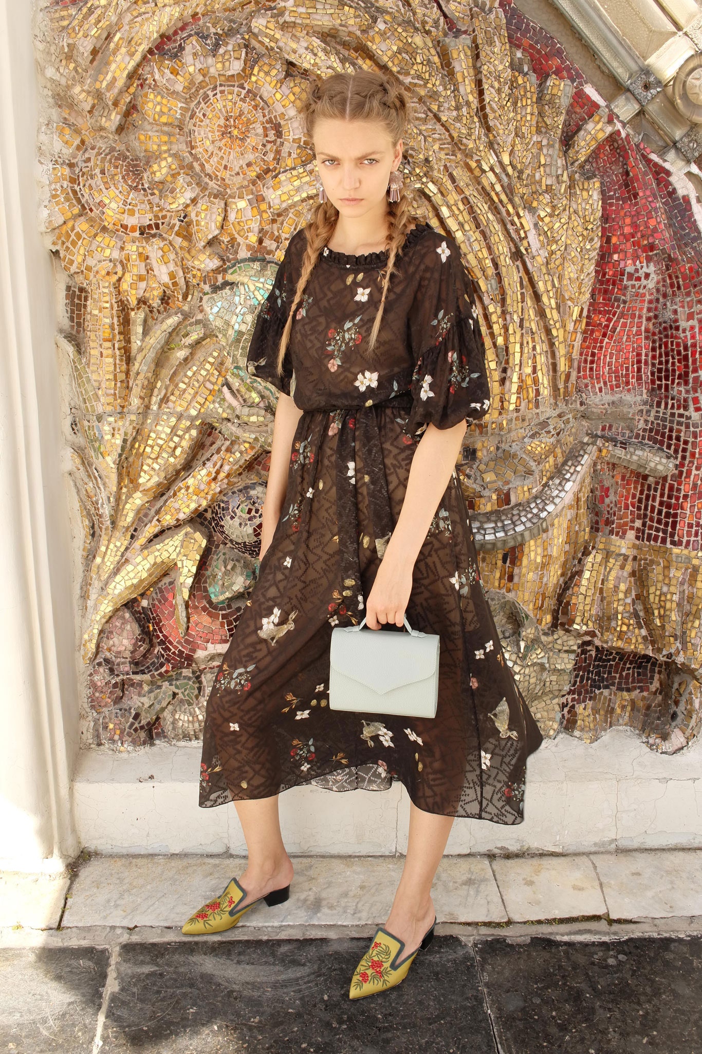 brown embroidered midi dress