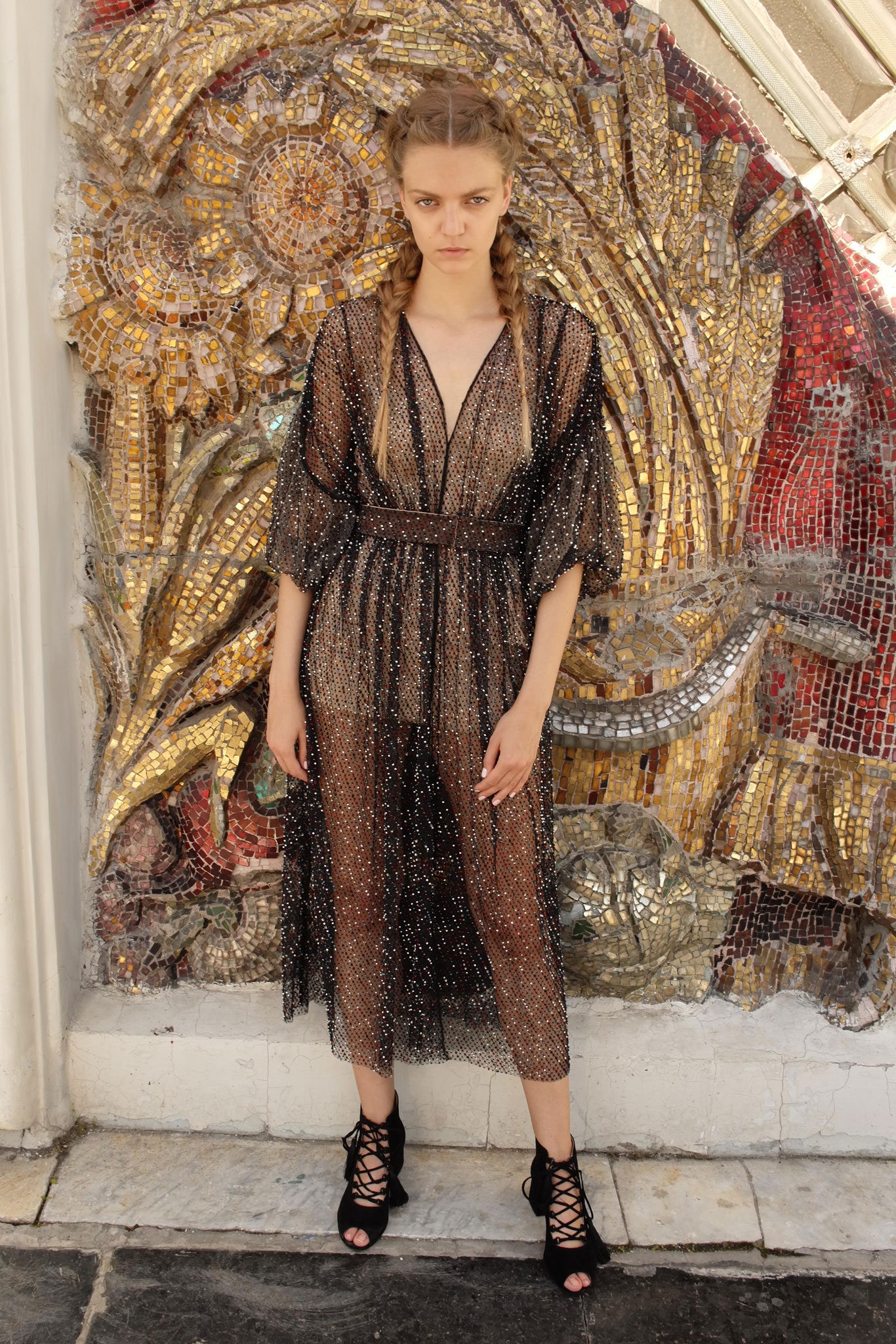 black mesh midi dress with shoes