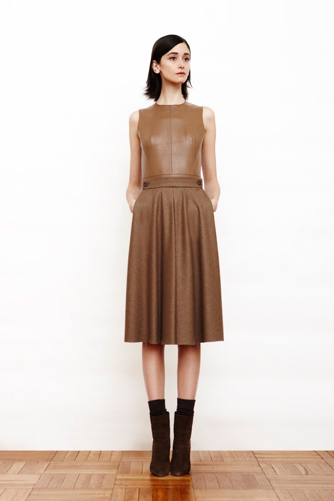 brown leather midi dress with boots