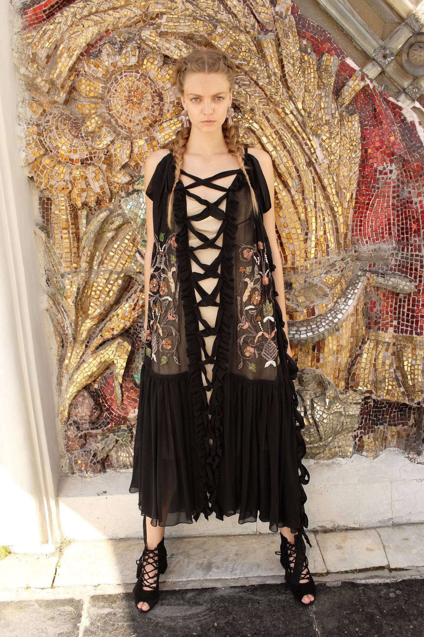 black silk embroidered midi dress