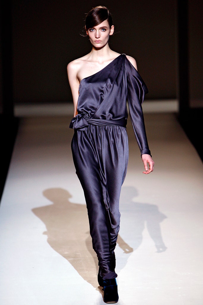 gray silk asymmetric jumpsuit