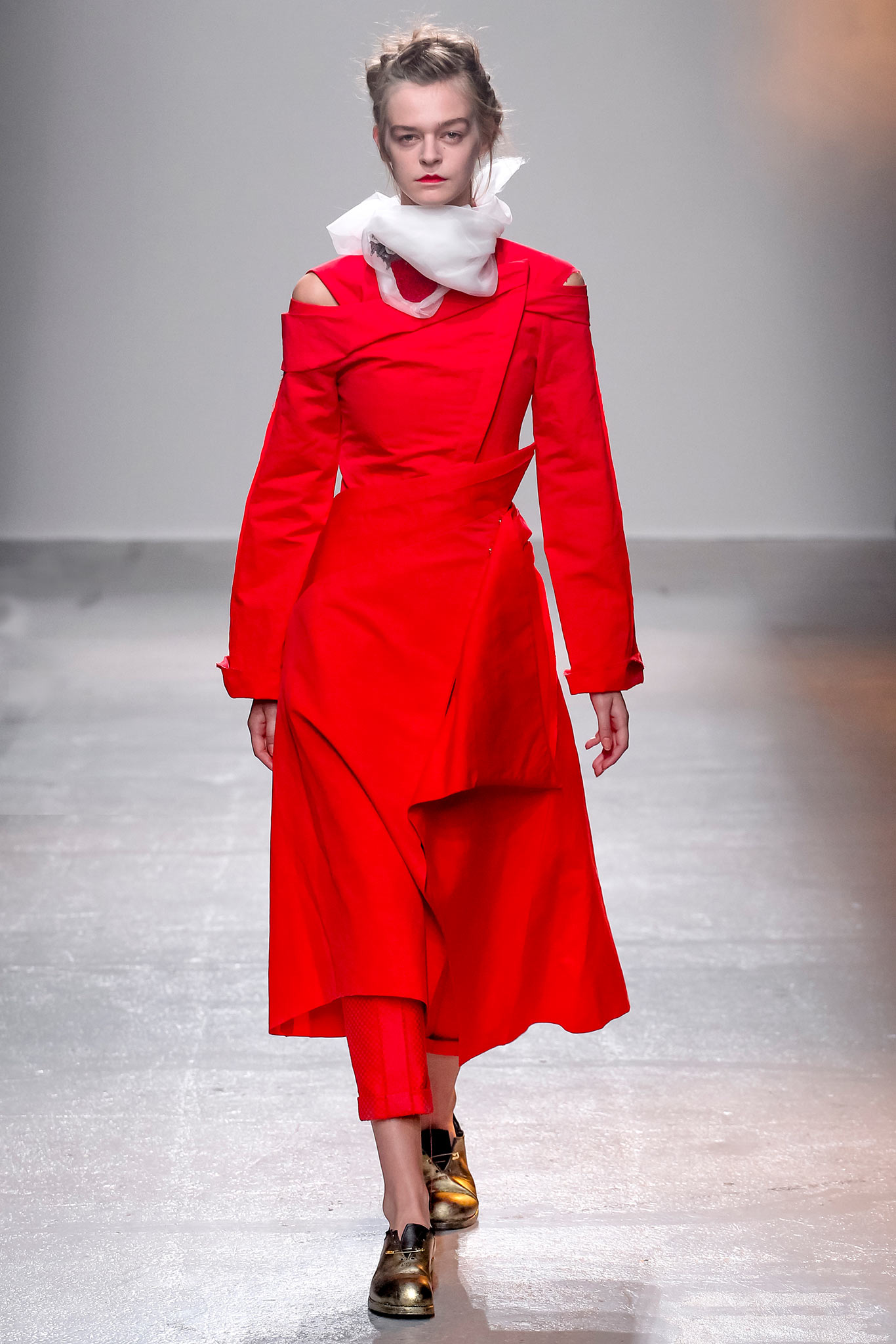 red fitted dress with scarf