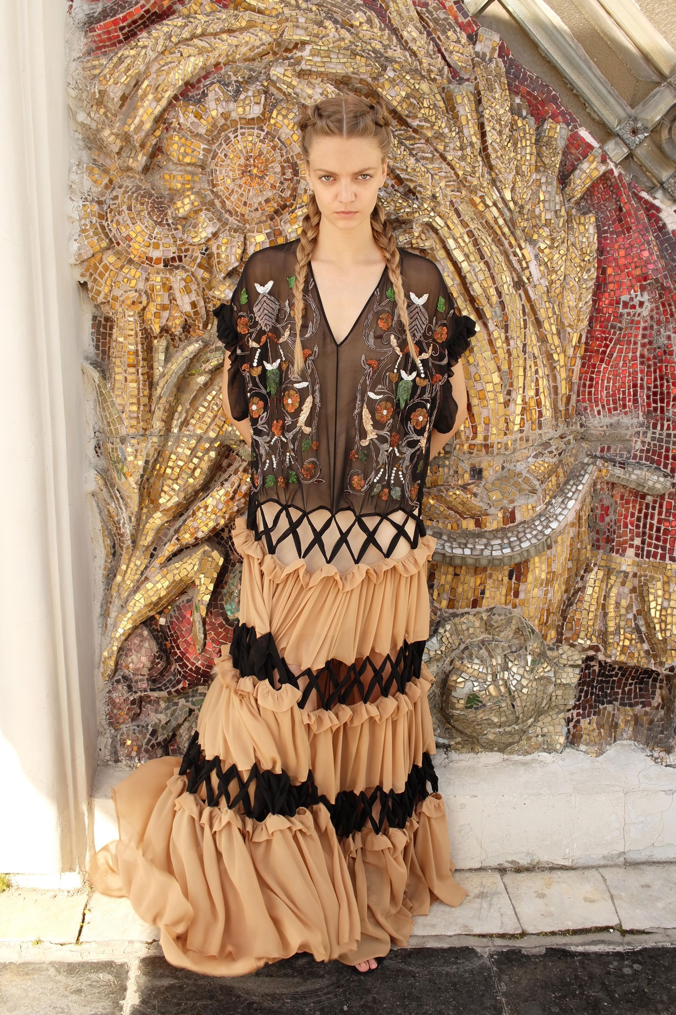 black and beige layered blouse with ruffled skirt