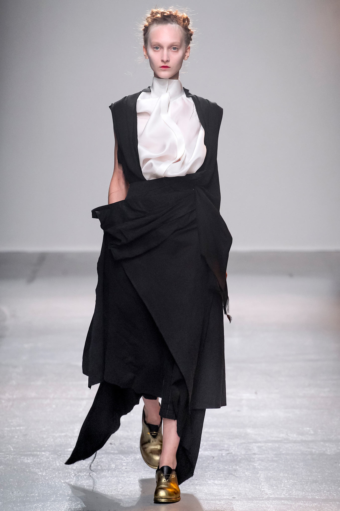 black draped midi dress with white blouse