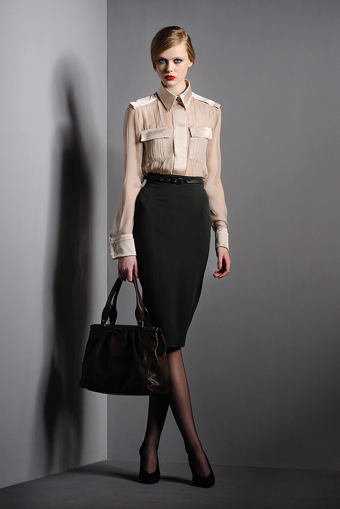 beige silk blouse black pencil skirt