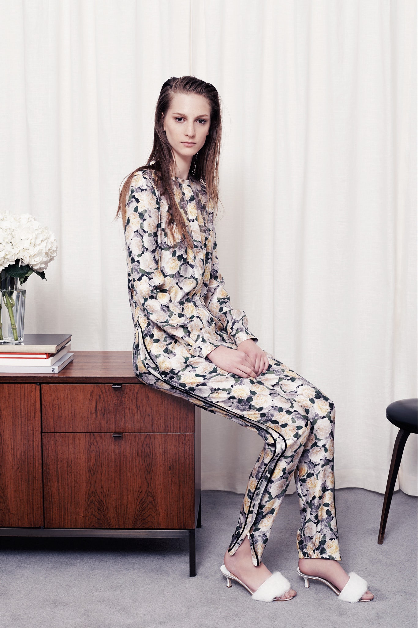 floral silk jumpsuit with fur shoes