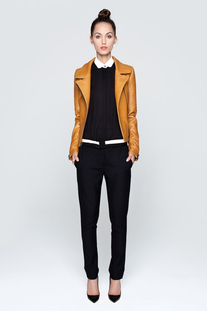 brown leather fitted jacket with black top