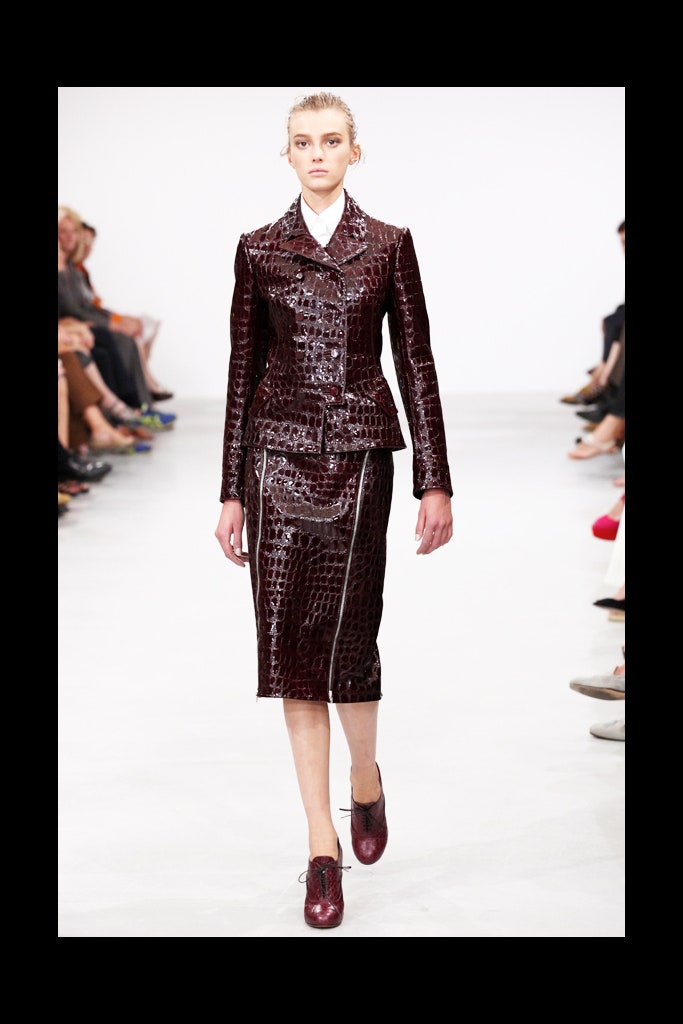 maroon leather tailored blazer and fitted skirt