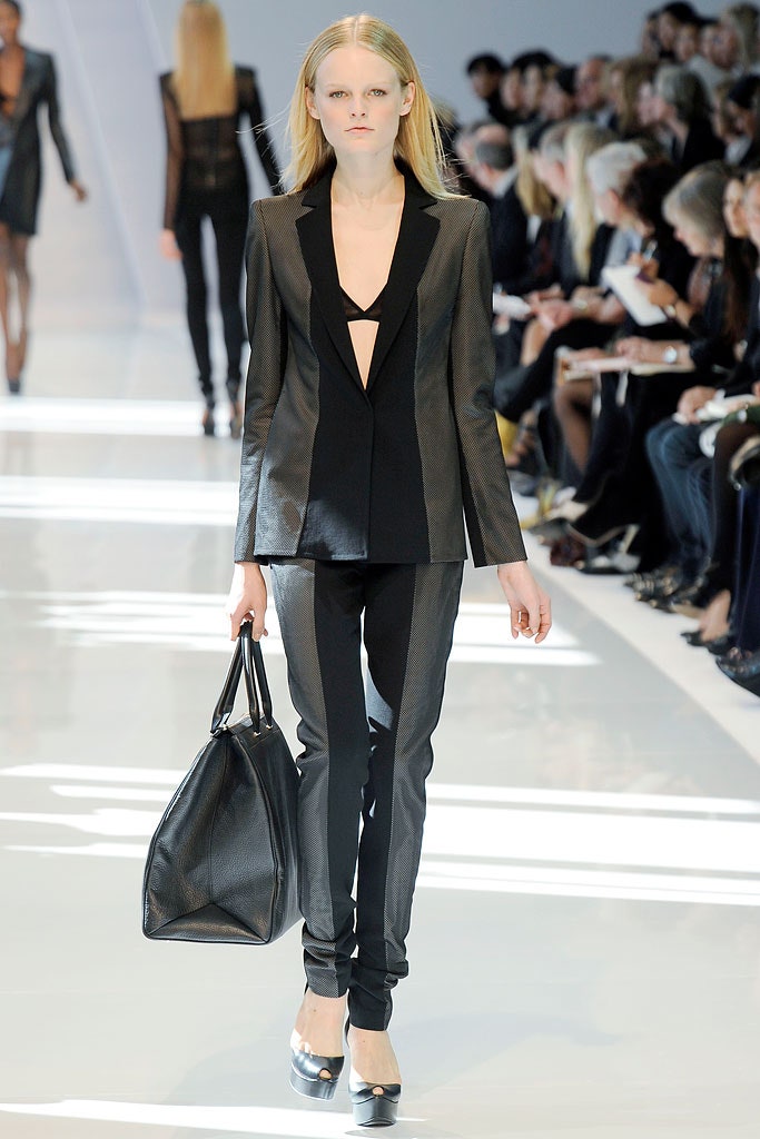 black leather tailored blazer and slim pants