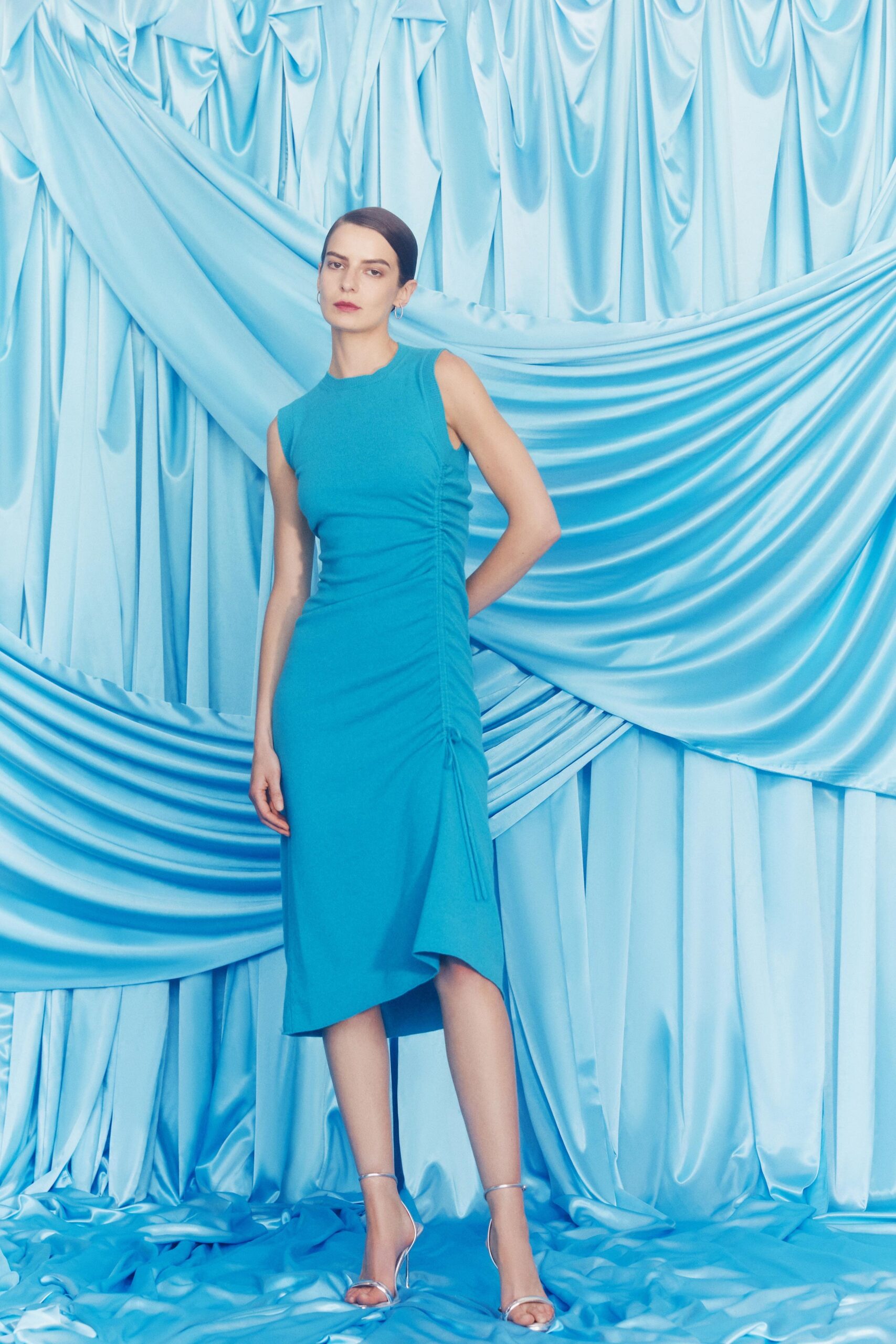 blue fitted midi dress