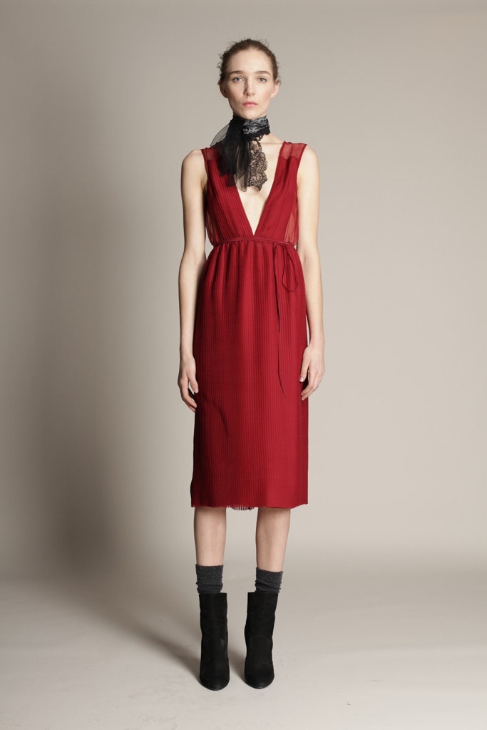 fitted red silk sleeveless dress