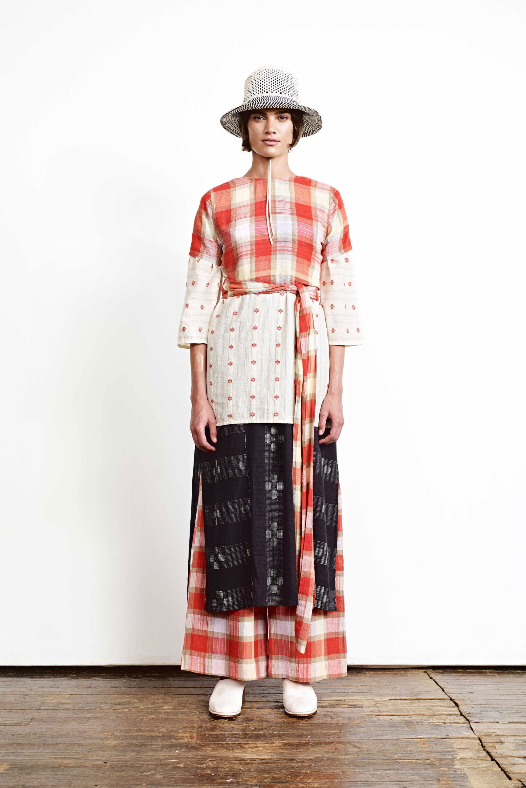 red cotton long-sleeve collared fitted tiered belted dress