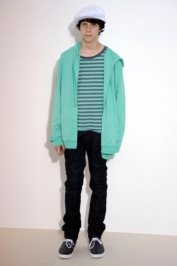 green hoodie with striped t-shirt