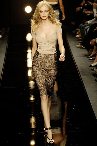 beige silk fitted top with brown pencil skirt