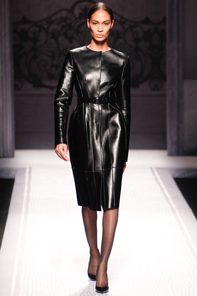 fitted black leather midi dress