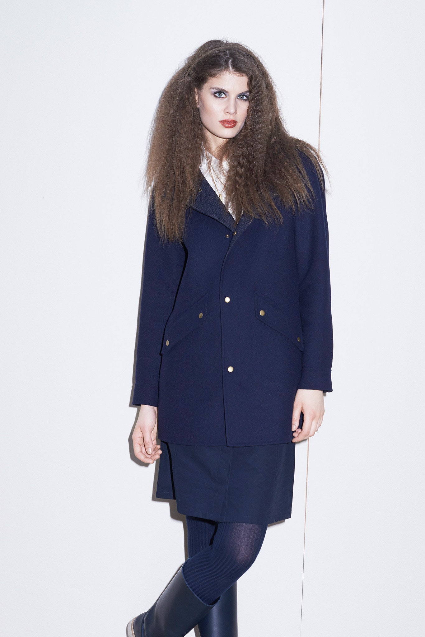 blue wool long-sleeve collared relaxed buttoned pockets coat
