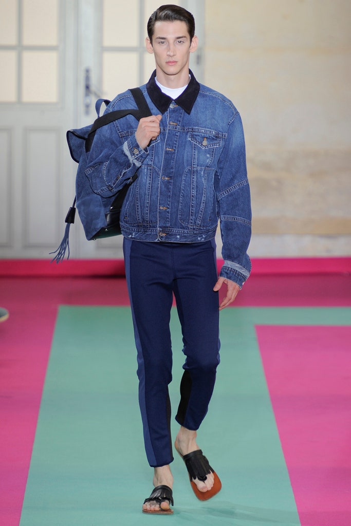 blue denim jacket with navy pants