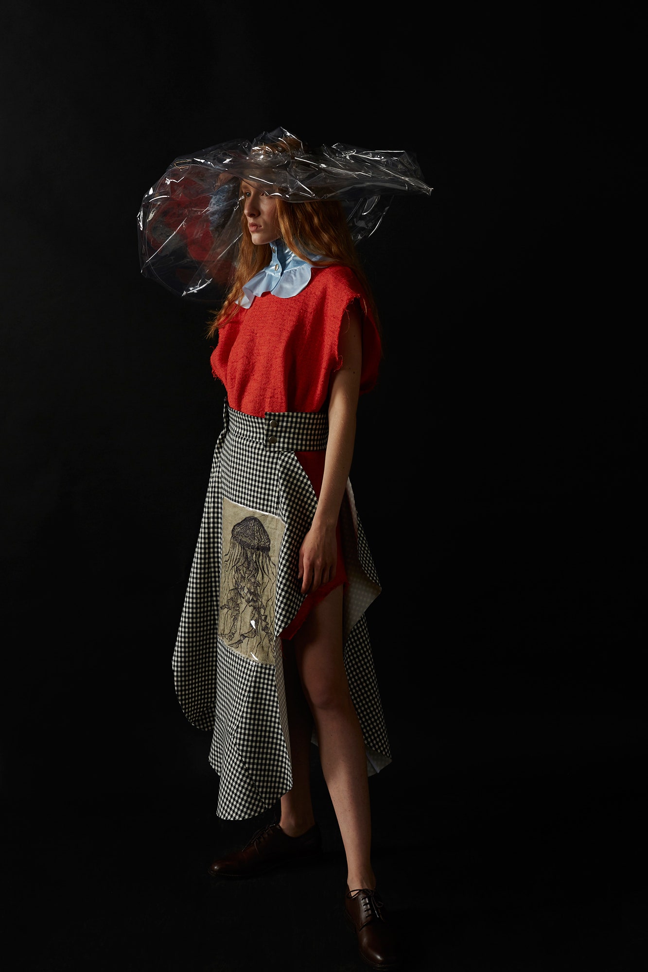 red relaxed top with asymmetric skirt