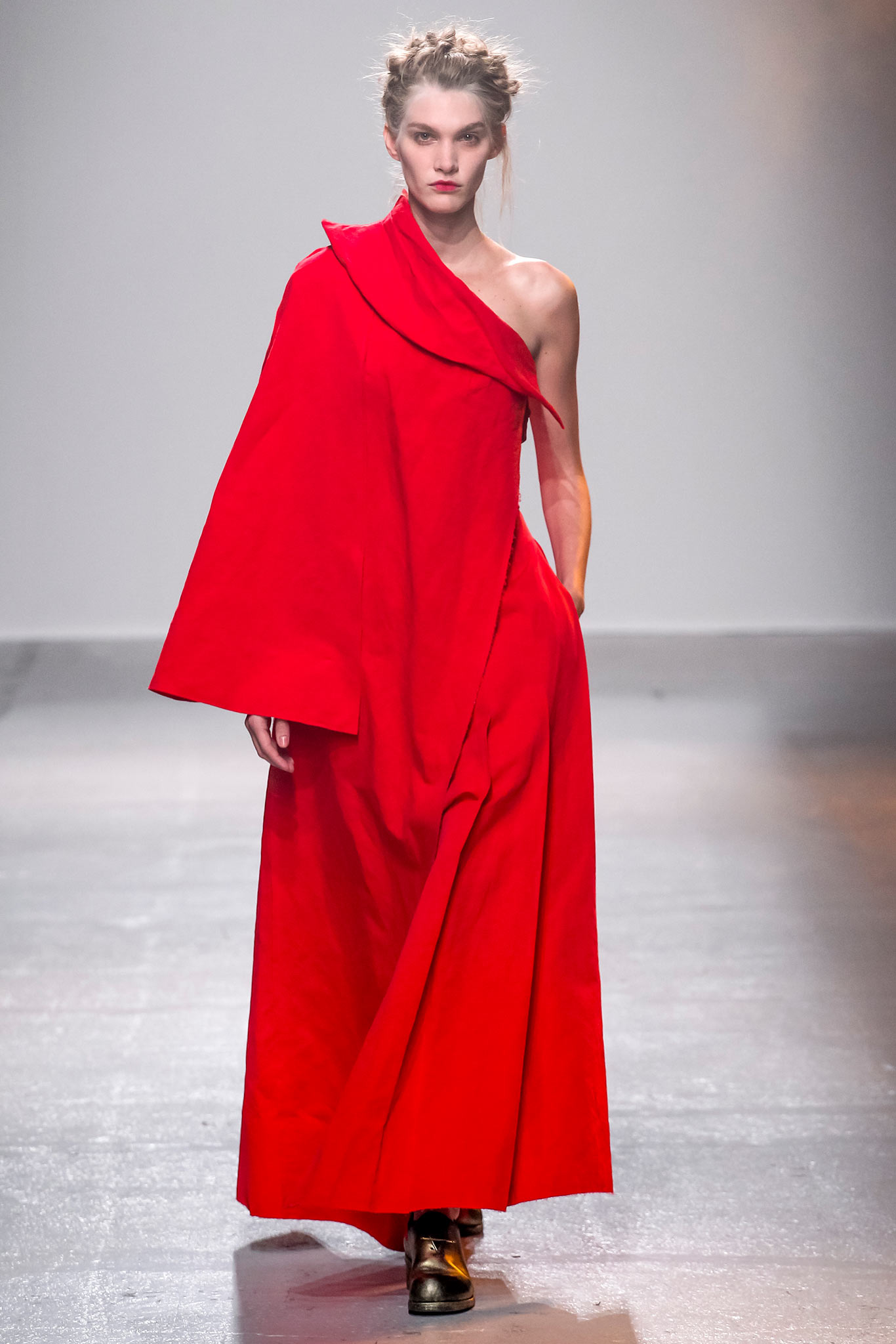 red asymmetric draped dress