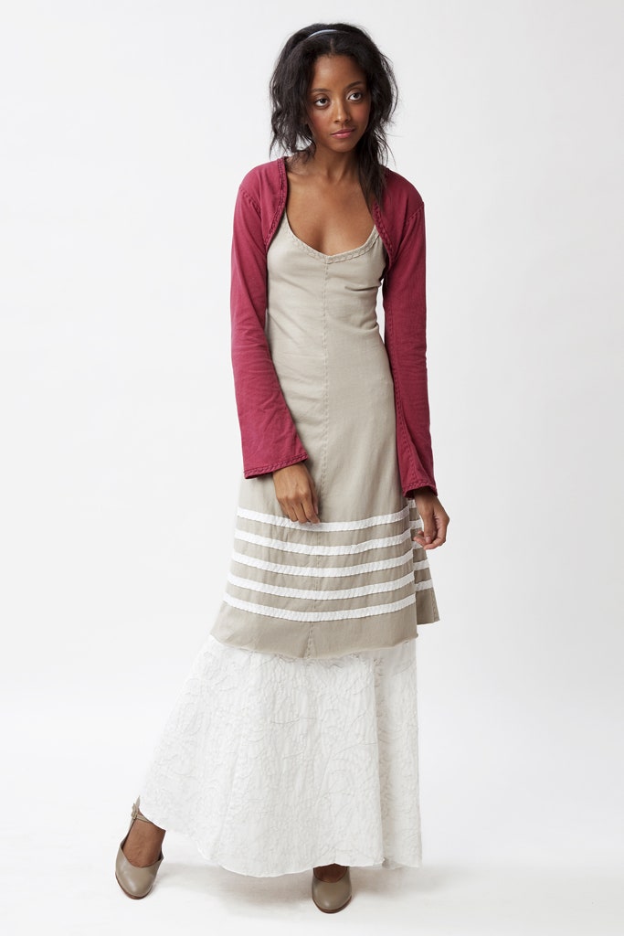 beige maxi dress with red cardigan