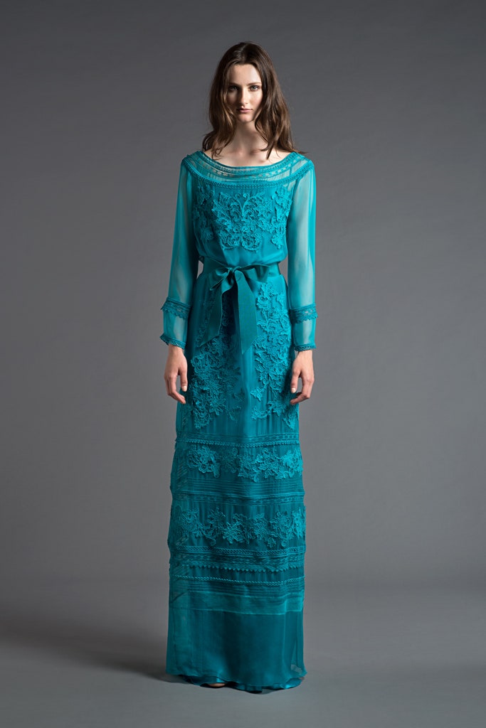 teal silk embroidered gown