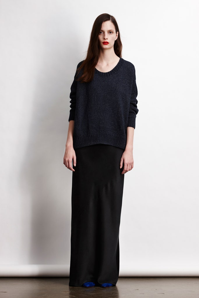 blue wool relaxed sweater and black silk maxi skirt