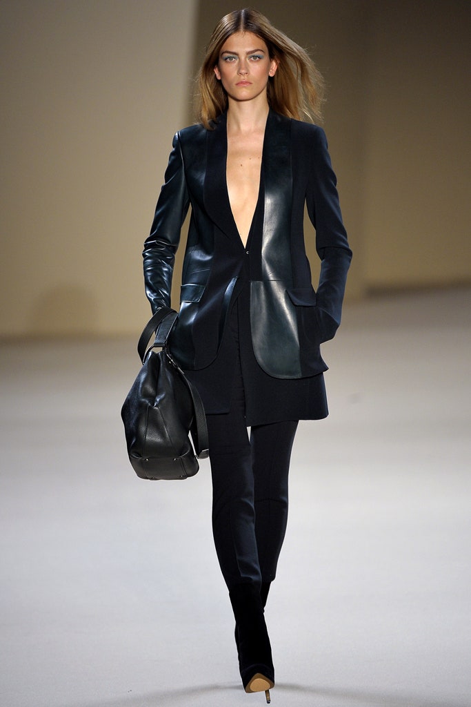 black leather long-sleeve v-neck fitted structured blazer