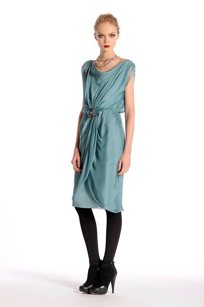 teal silk sleeveless v-neck fitted draped belted dress