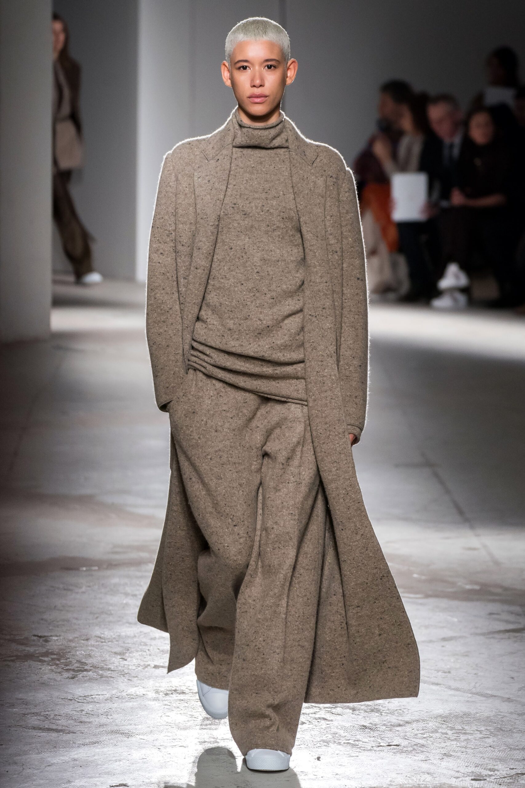 beige wool long-sleeve collared relaxed layered maxi coat