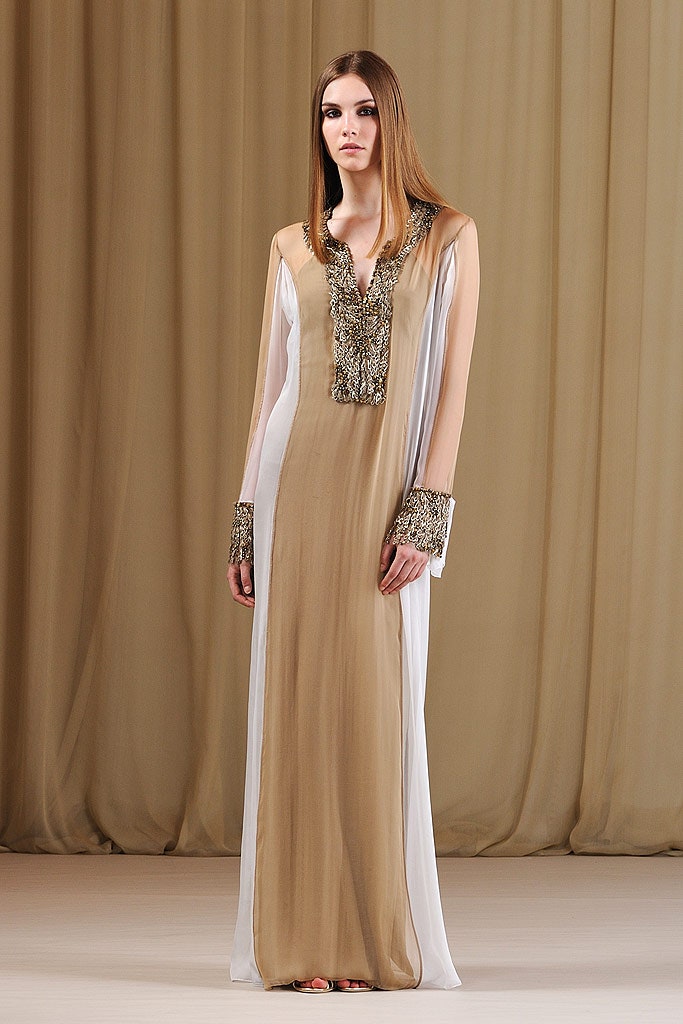 beige and white embellished gown