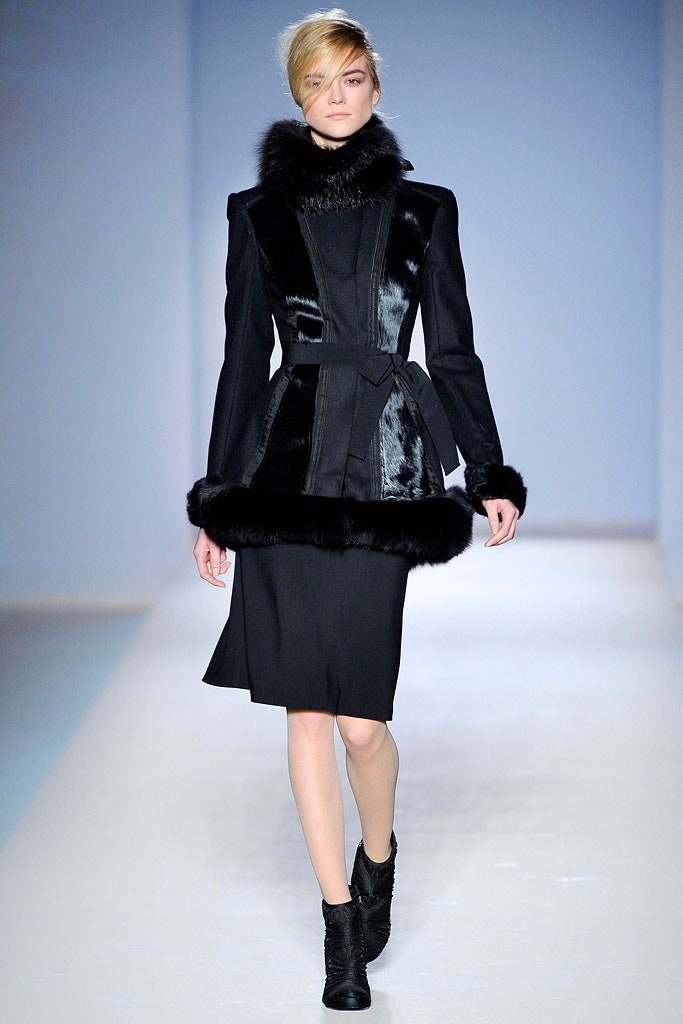 black fur long-sleeve collared fitted belted layered coat