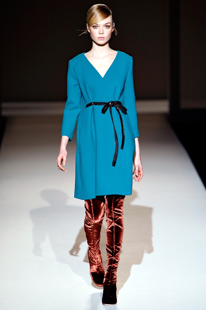 blue silk belted midi dress with brown velvet boots