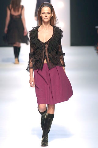 black ruffled top purple midi skirt