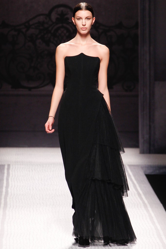 black strapless tiered gown