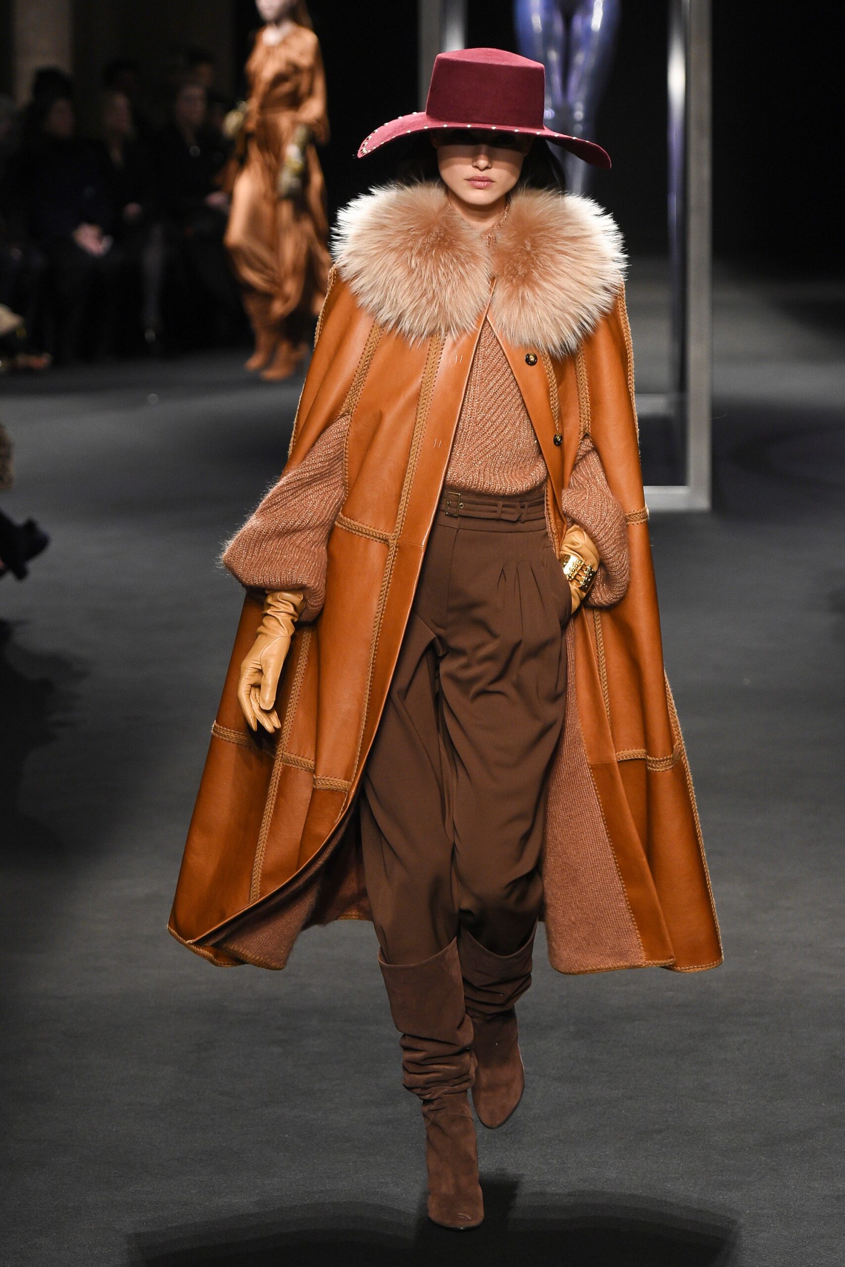 brown leather long-sleeve relaxed layered cape